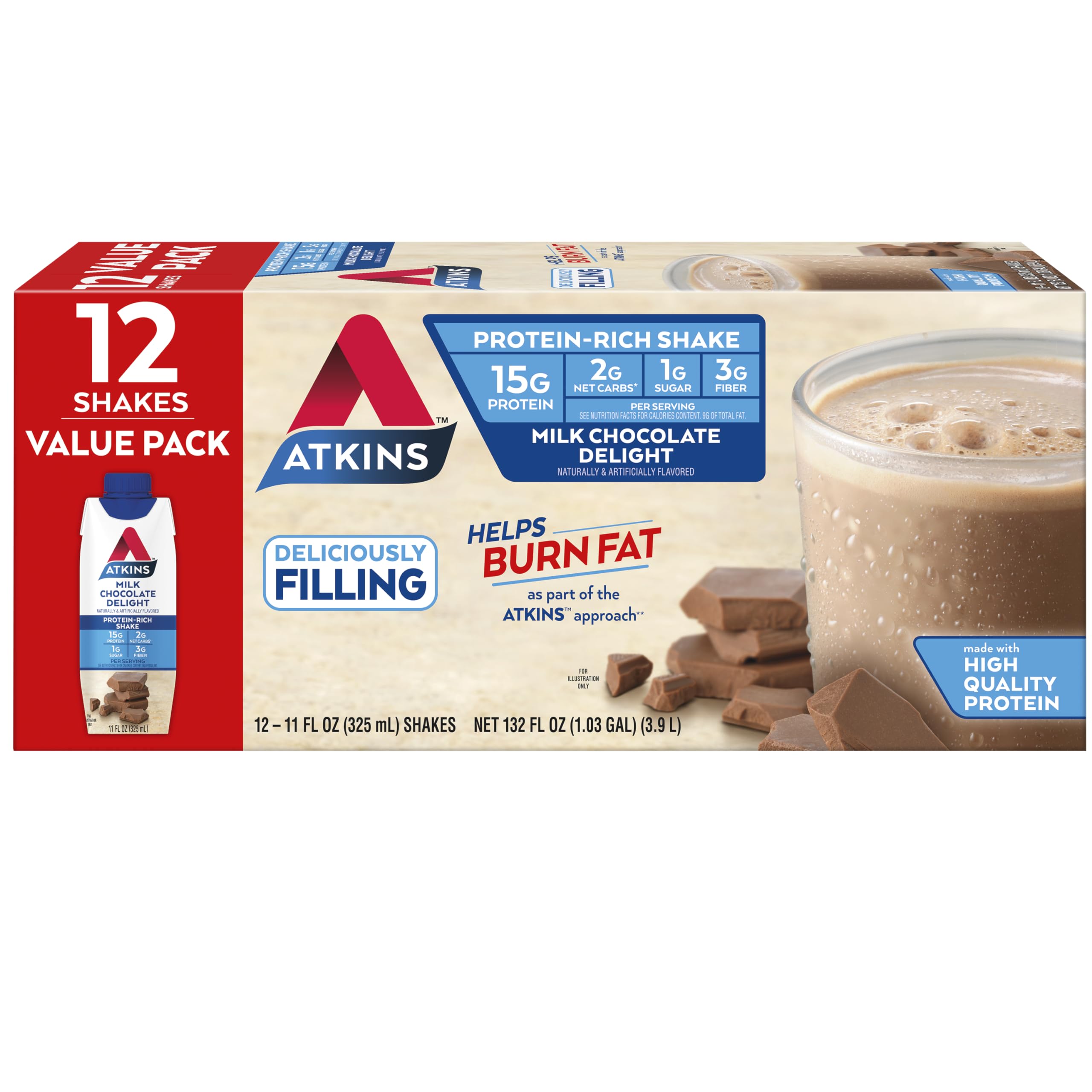 Atkins Milk Chocolate Delight Protein Shake, 15g Protein, Low Glycemic, 2g Net Carb, 1g Sugar, Keto Friendly, 12 Count>