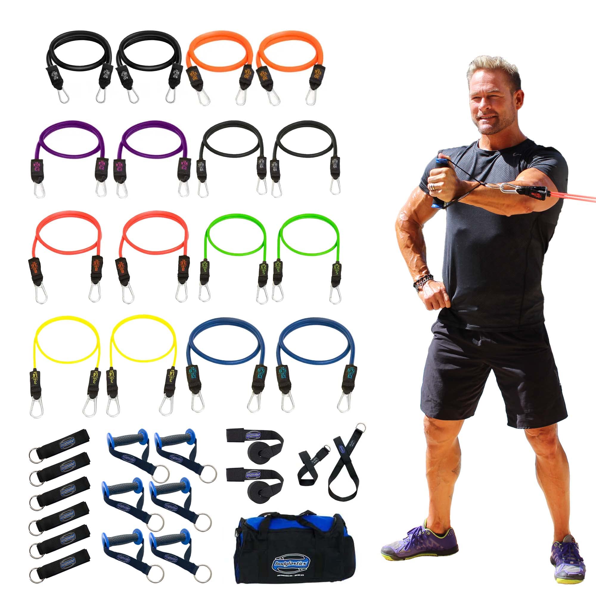 Bodylastics Resistance Band Set Resistance Bands with Handles, Ankle Straps, Door Anchor, Carry Bag Heavy Duty Stretch Exercise Bands Patented Clips and Snap Reduction Tech Fitness Workout Bands>