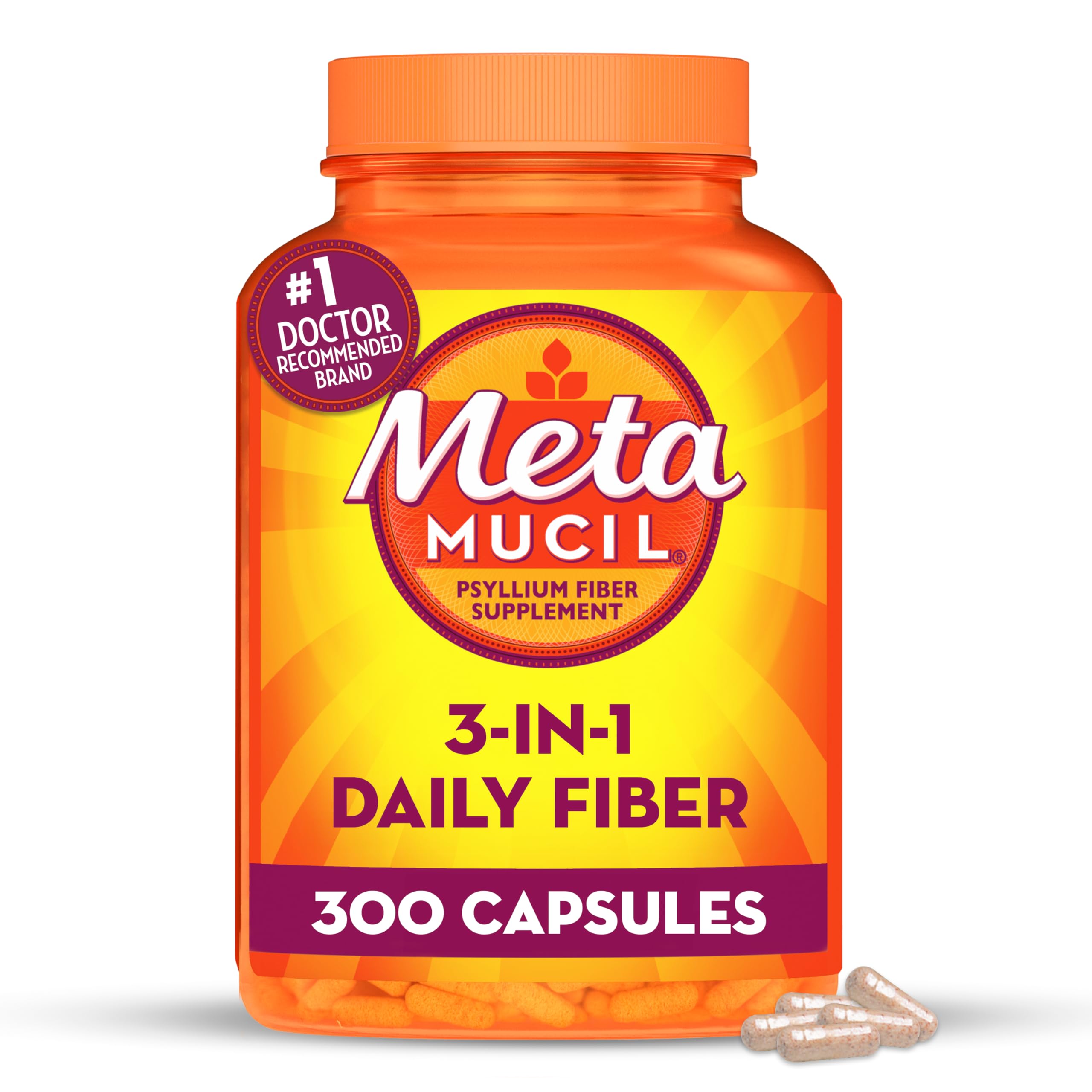 Metamucil, Daily Psyllium Husk Powder Supplement, 3 in 1 Fiber for Digestive Health, Plant Based Fiber, 300ct Capsules (Packaging May Vary)>