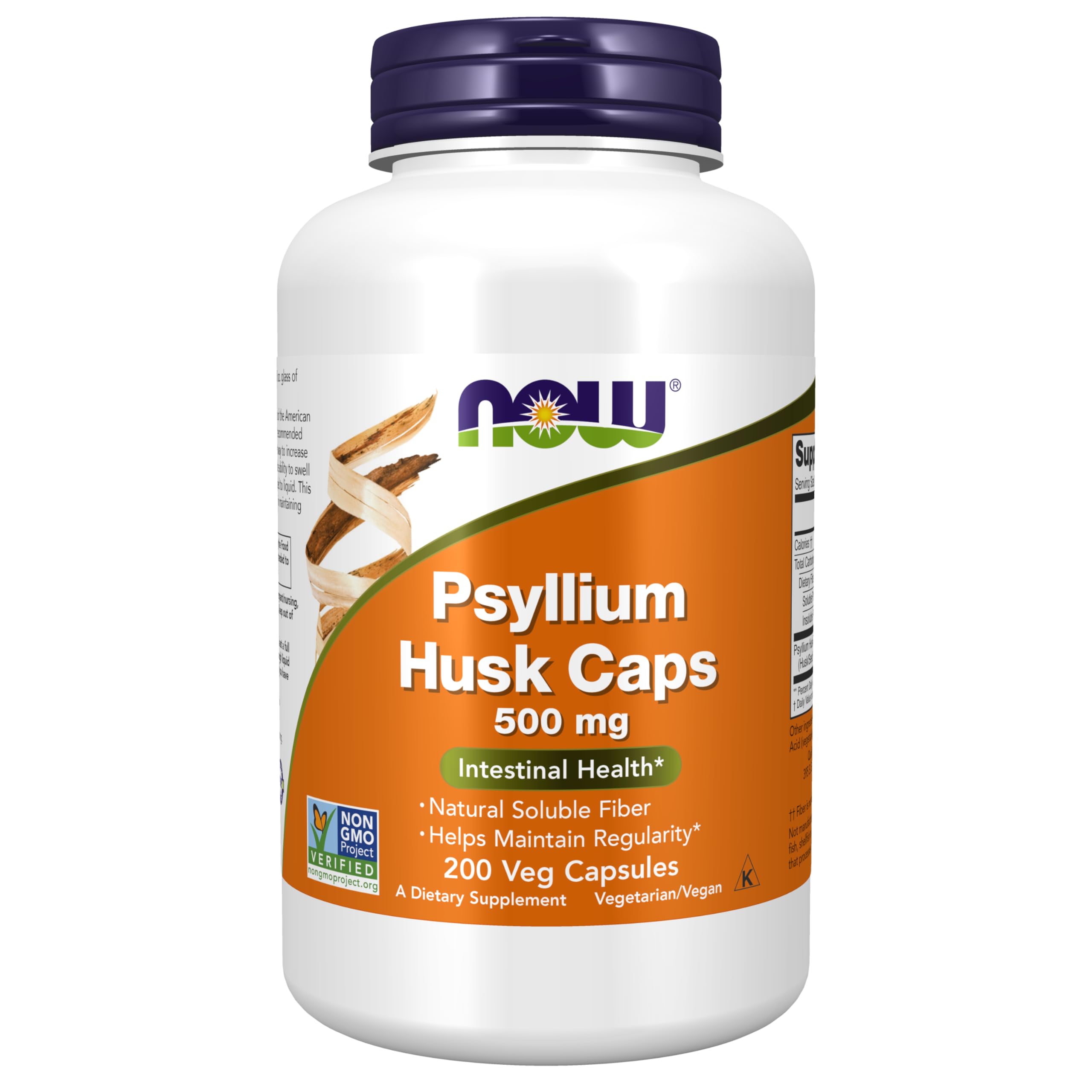 NOW Supplements, Psyllium Husk Caps 500 mg, Non GMO Project Verified, Natural Soluble Fiber, Intestinal Health_, 200 Veg Capsules>