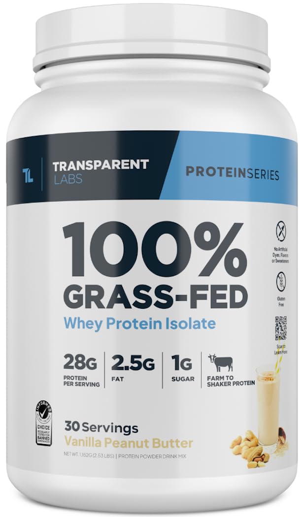 Transparent Labs Grass Fed Whey Protein Isolate Naturally Flavored, Gluten Free Whey Protein Powder with 28g of Protein per Serving 9 Amino Acids 30 Servings, Vanilla Peanut Butter>